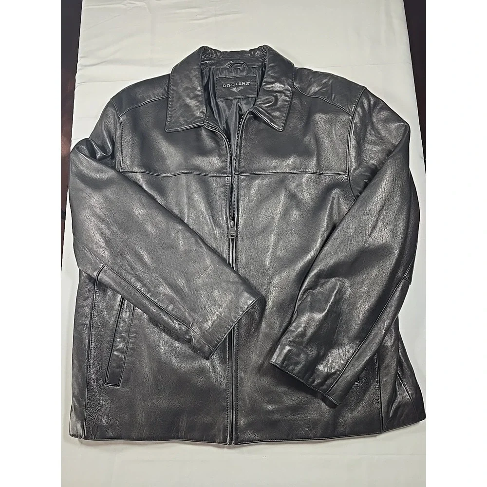 Dockers Black Leather Moto Jacket XL Men's‎ Biker Classic Vintage